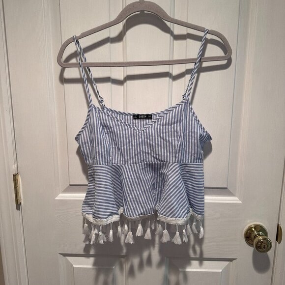 Seersucker Peplum Top with White Tassels - Size Medium - Picture 1 of 3